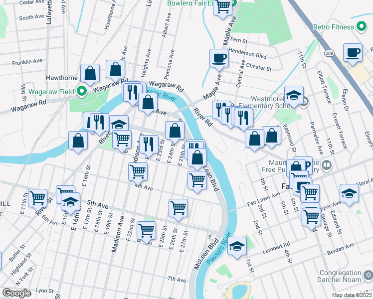 map of restaurants, bars, coffee shops, grocery stores, and more near 29 East 25th Street in Paterson