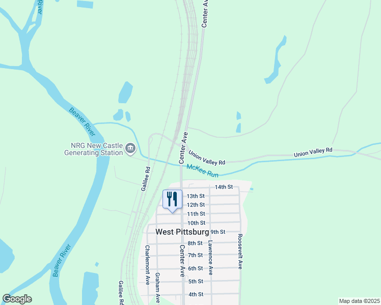 map of restaurants, bars, coffee shops, grocery stores, and more near Union Valley Road in Wampum