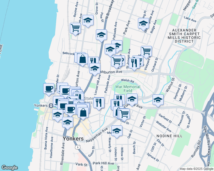 map of restaurants, bars, coffee shops, grocery stores, and more near Palisade Ave & Walsh Rd in Yonkers