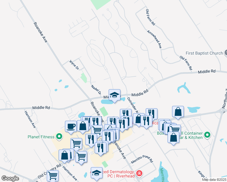 map of restaurants, bars, coffee shops, grocery stores, and more near 576 Middle Road in Riverhead