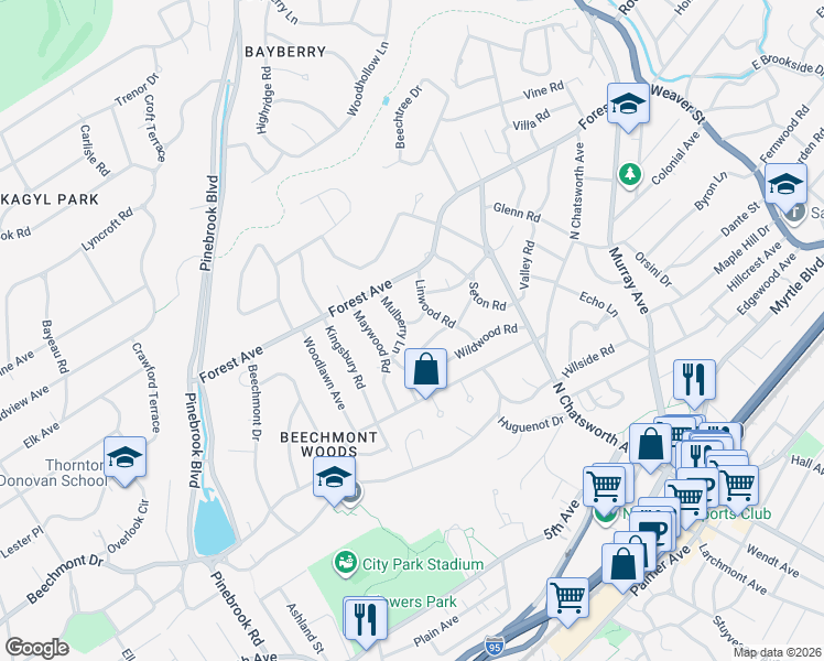 map of restaurants, bars, coffee shops, grocery stores, and more near 28 Mulberry Lane in New Rochelle