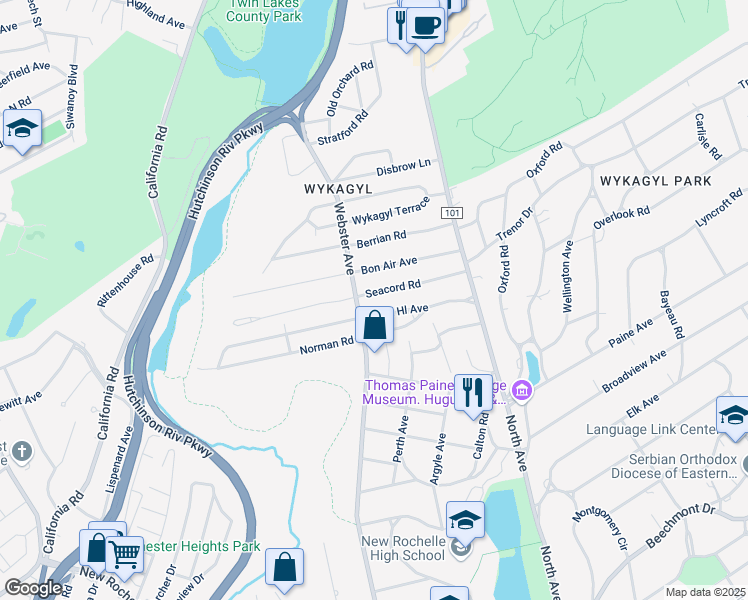 map of restaurants, bars, coffee shops, grocery stores, and more near 76 Seacord Road in New Rochelle