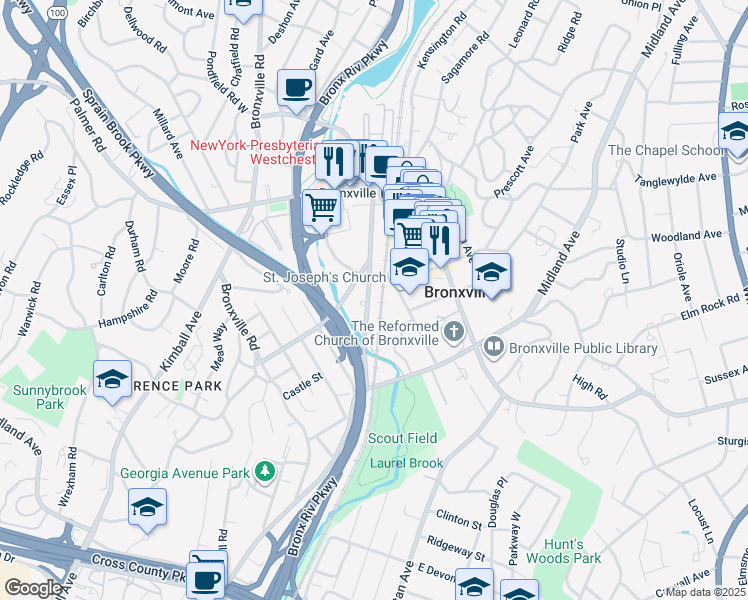 map of restaurants, bars, coffee shops, grocery stores, and more near 41 Parkway Road in Bronxville
