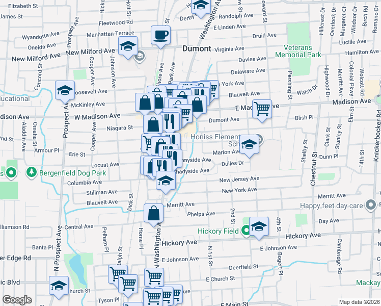 map of restaurants, bars, coffee shops, grocery stores, and more near 16 Short Street in Dumont