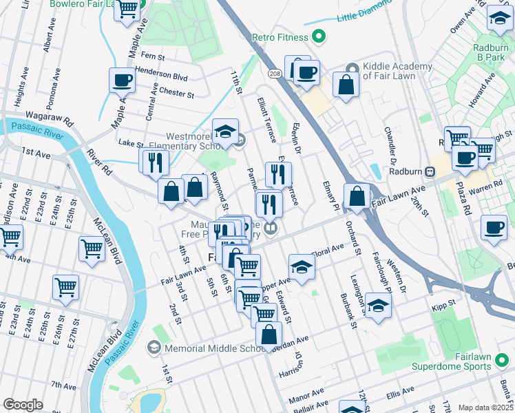 map of restaurants, bars, coffee shops, grocery stores, and more near 15-23 George Street in Fair Lawn