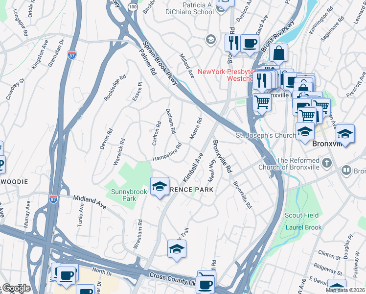 map of restaurants, bars, coffee shops, grocery stores, and more near 120 Hampshire Road in Yonkers