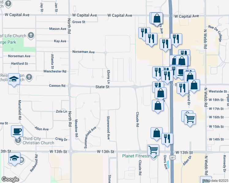 map of restaurants, bars, coffee shops, grocery stores, and more near 1920 Sagewood Avenue in Grand Island