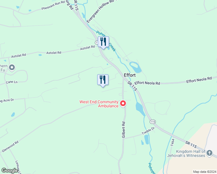 map of restaurants, bars, coffee shops, grocery stores, and more near 222 Effort Village Drive in Effort