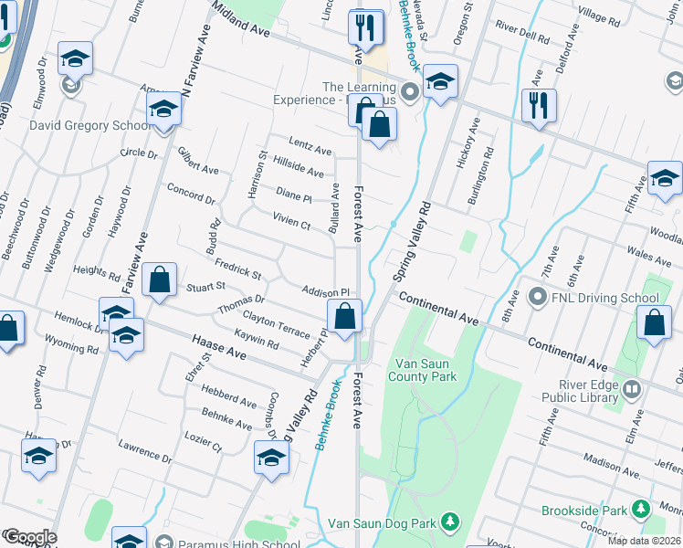 map of restaurants, bars, coffee shops, grocery stores, and more near 322 Bullard Avenue in Paramus