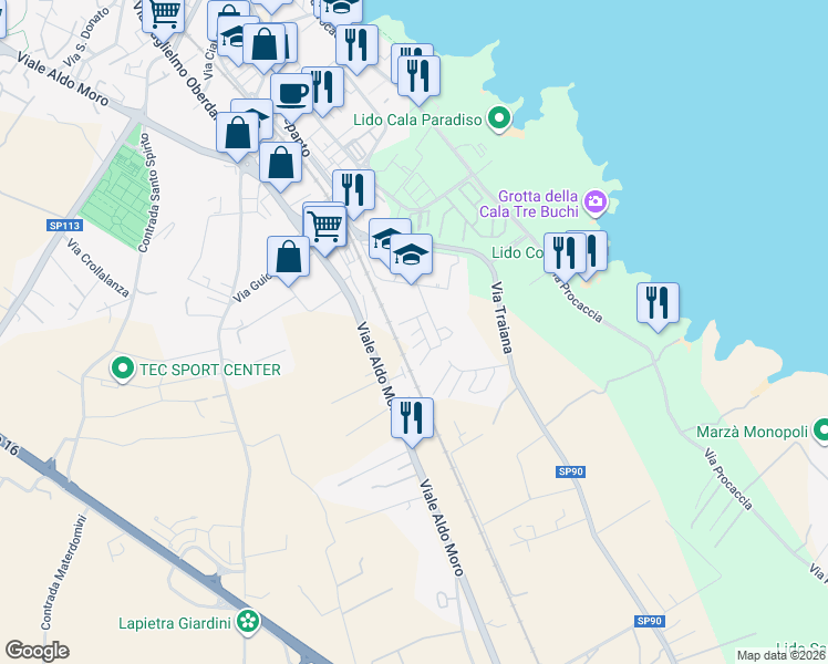 map of restaurants, bars, coffee shops, grocery stores, and more near 43 Via Jones Melvin in Monopoli