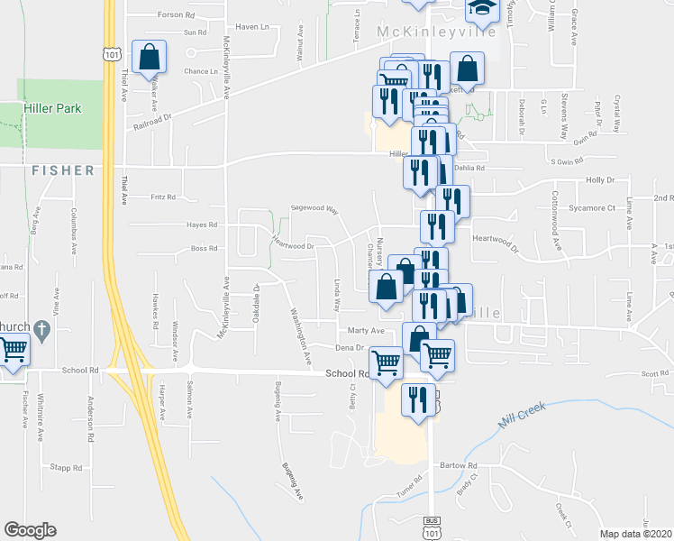 map of restaurants, bars, coffee shops, grocery stores, and more near 1810 Linda Way in McKinleyville
