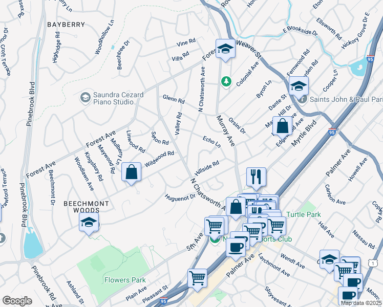 map of restaurants, bars, coffee shops, grocery stores, and more near 78 North Chatsworth Avenue in Larchmont