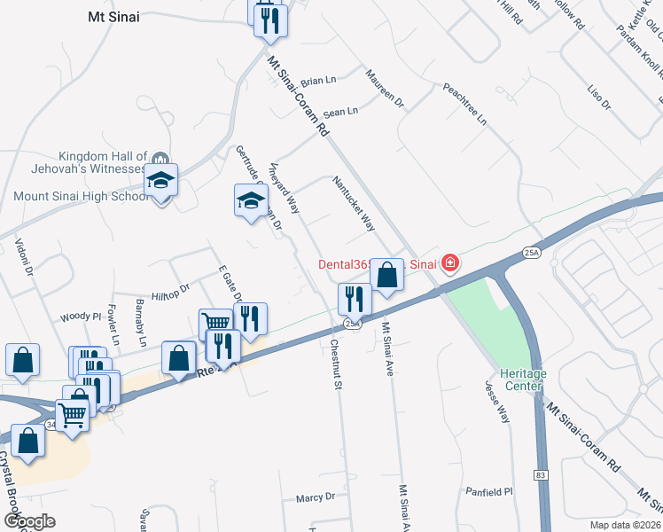 map of restaurants, bars, coffee shops, grocery stores, and more near 27 Vineyard Way in Mount Sinai