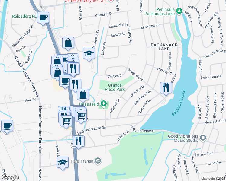 map of restaurants, bars, coffee shops, grocery stores, and more near 14 Orange Place in Wayne