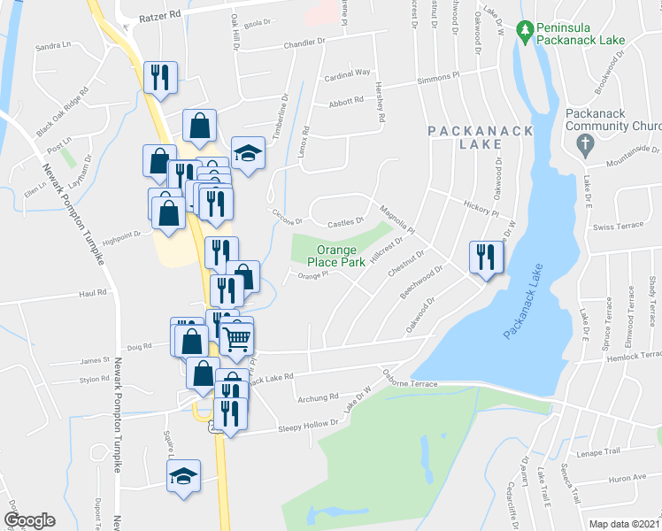 map of restaurants, bars, coffee shops, grocery stores, and more near 14 Orange Place in Wayne