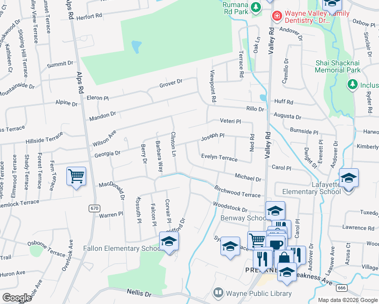 map of restaurants, bars, coffee shops, grocery stores, and more near 10 Evelyn Terrace in Wayne