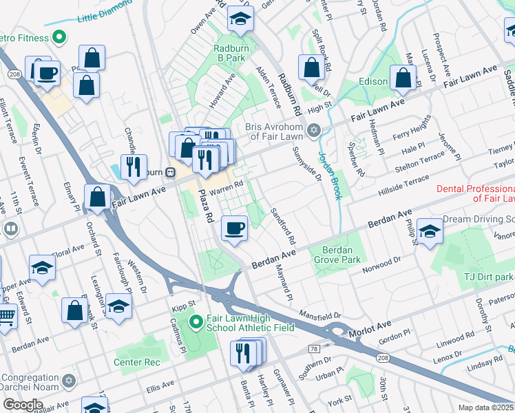 map of restaurants, bars, coffee shops, grocery stores, and more near Radburn R Park Walkway in Fair Lawn
