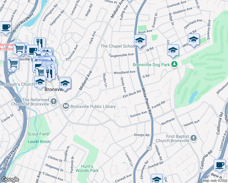 map of restaurants, bars, coffee shops, grocery stores, and more near 8 Orchard Place in Bronxville