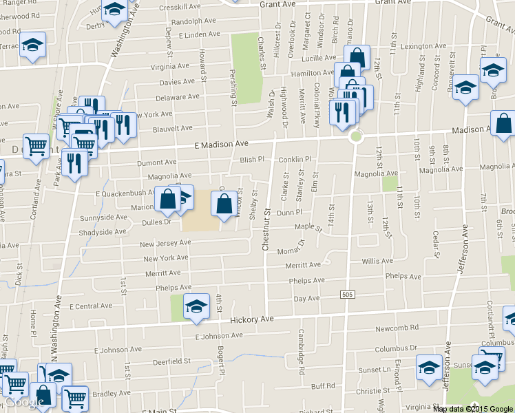 map of restaurants, bars, coffee shops, grocery stores, and more near 37 Shelby Street in Dumont
