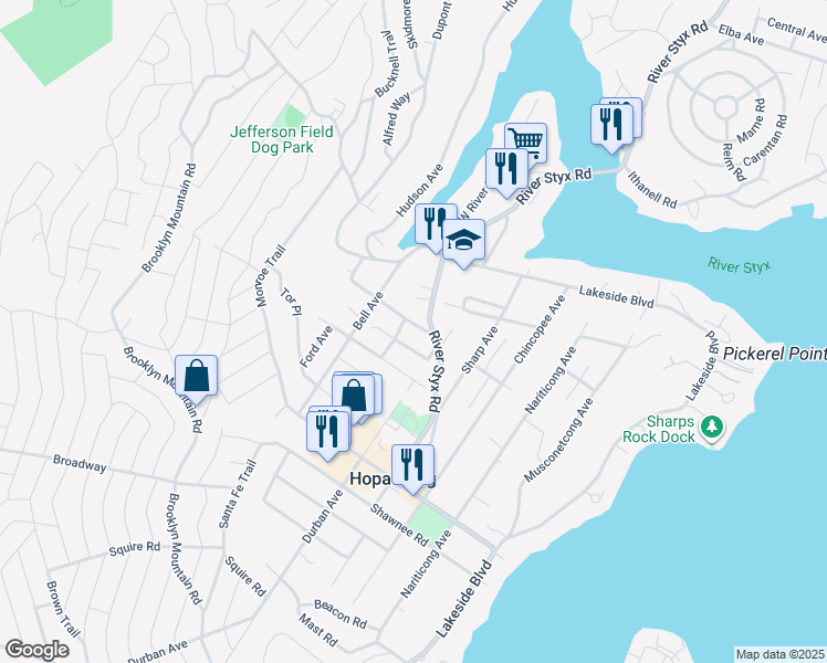 map of restaurants, bars, coffee shops, grocery stores, and more near 32 Mountain Road in Hopatcong