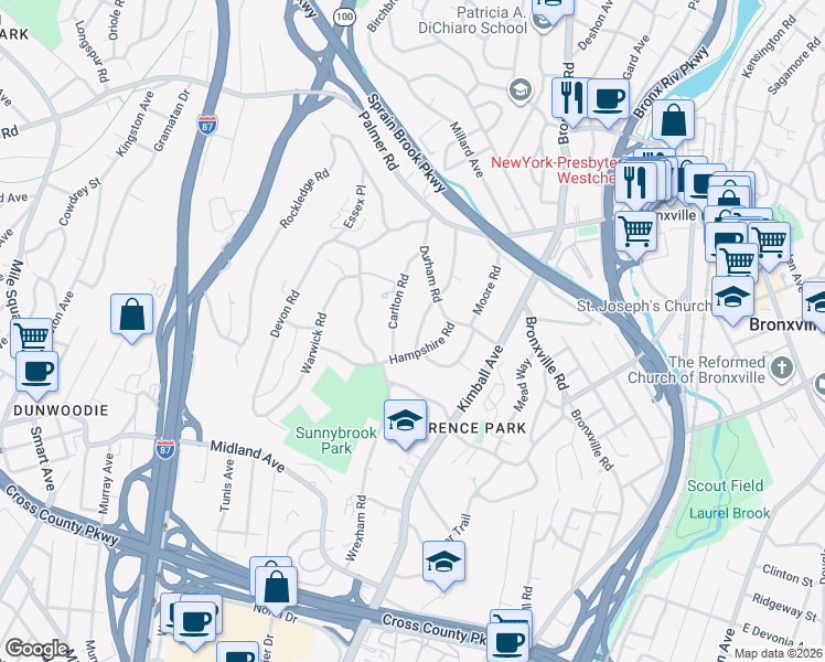 map of restaurants, bars, coffee shops, grocery stores, and more near 5 Hereford Road in Yonkers