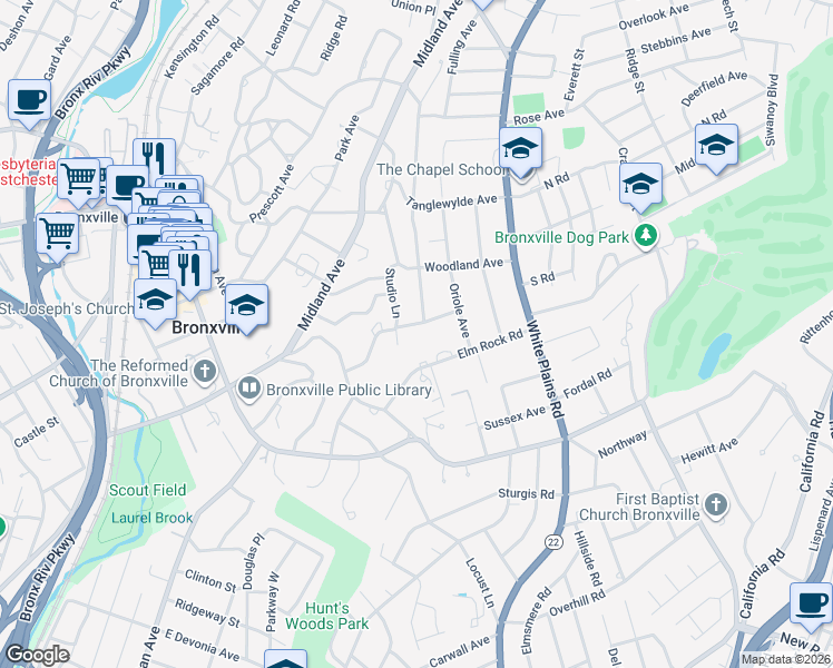 map of restaurants, bars, coffee shops, grocery stores, and more near 8 Orchard Place in Bronxville