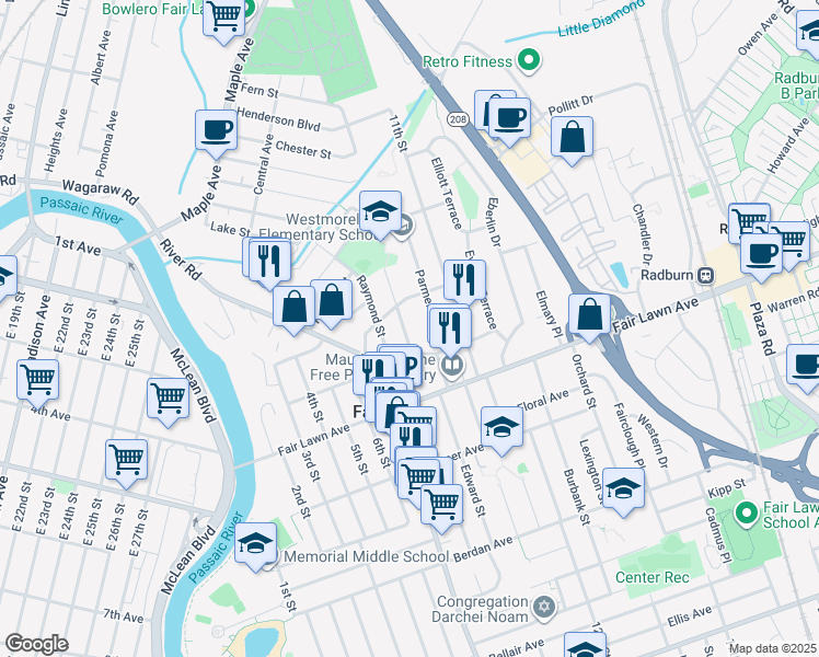 map of restaurants, bars, coffee shops, grocery stores, and more near 15-23 George Street in Fair Lawn