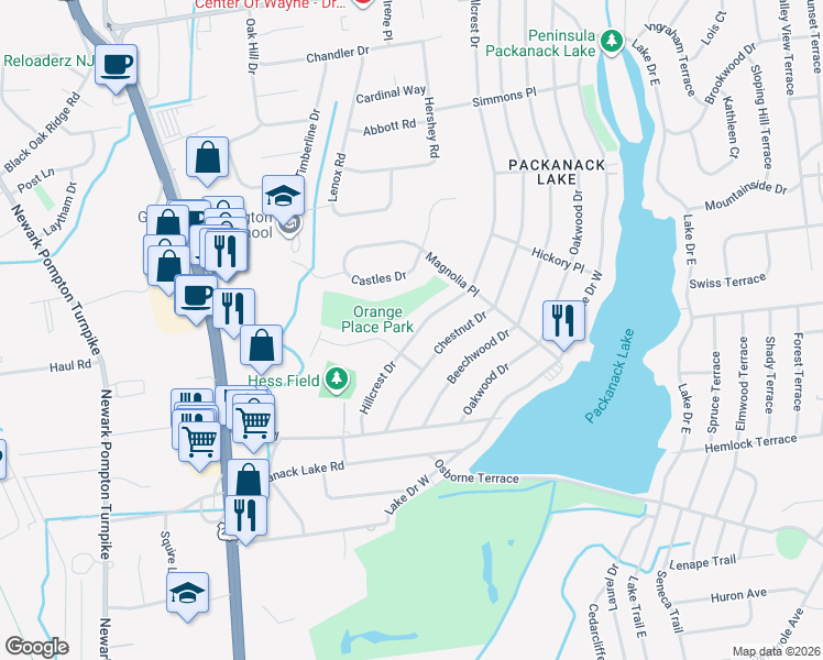 map of restaurants, bars, coffee shops, grocery stores, and more near 39 Hillcrest Drive in Wayne