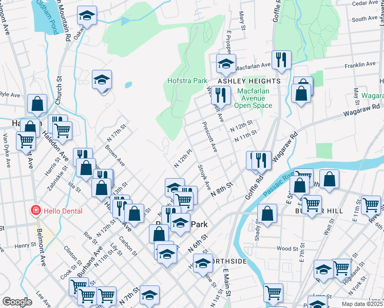 map of restaurants, bars, coffee shops, grocery stores, and more near 253 North 12th Place in Prospect Park