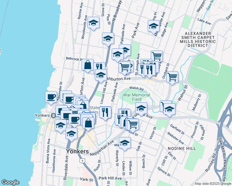 map of restaurants, bars, coffee shops, grocery stores, and more near in Yonkers