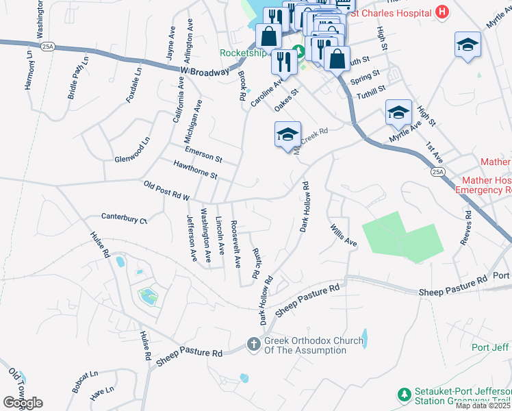 map of restaurants, bars, coffee shops, grocery stores, and more near 119 Wilson Drive in Port Jefferson