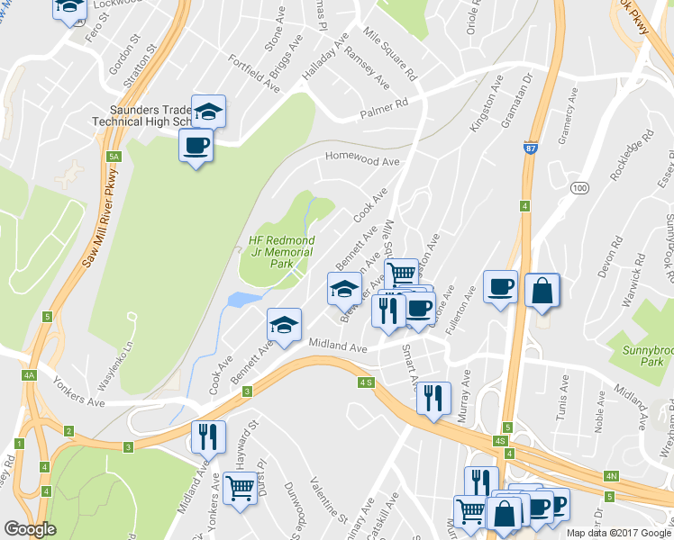 map of restaurants, bars, coffee shops, grocery stores, and more near 174 Bennett Avenue in Yonkers