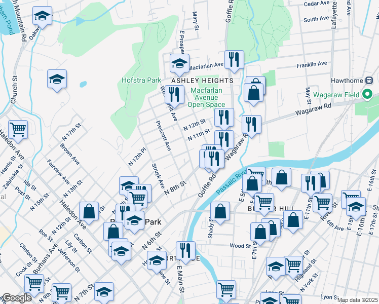 map of restaurants, bars, coffee shops, grocery stores, and more near 77 Westervelt Avenue in Hawthorne