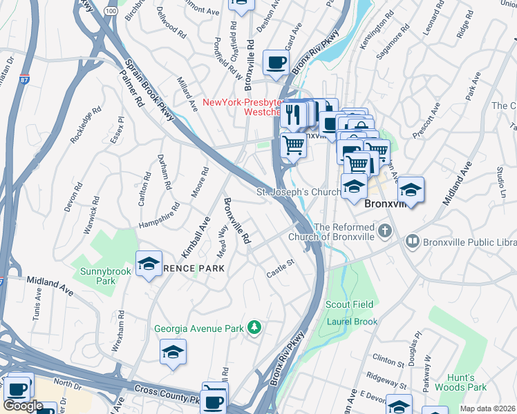 map of restaurants, bars, coffee shops, grocery stores, and more near 26 Brookside Circle in Yonkers