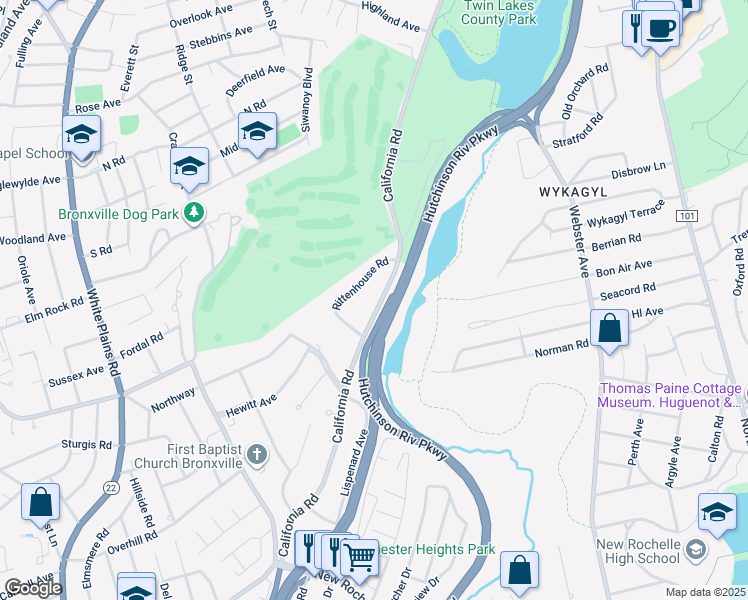 map of restaurants, bars, coffee shops, grocery stores, and more near 629 California Road in Bronxville
