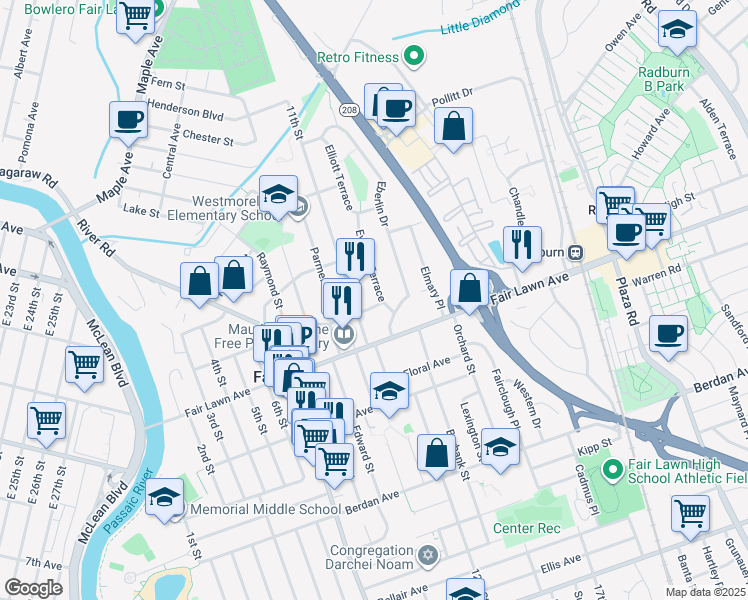 map of restaurants, bars, coffee shops, grocery stores, and more near 15-03 Everett Terrace in Fair Lawn