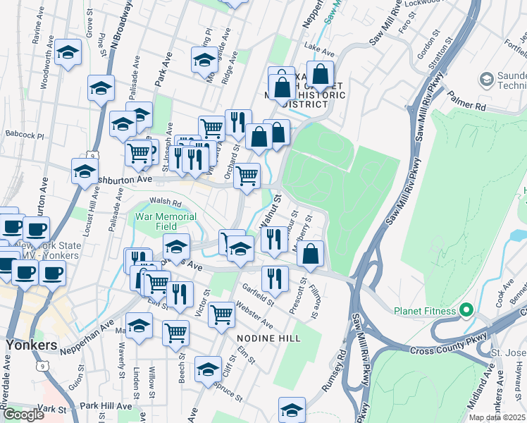 map of restaurants, bars, coffee shops, grocery stores, and more near Centre Street in Yonkers