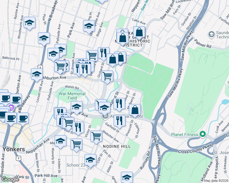 map of restaurants, bars, coffee shops, grocery stores, and more near Centre Street in Yonkers