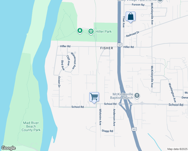 map of restaurants, bars, coffee shops, grocery stores, and more near 784 Montana Road in McKinleyville