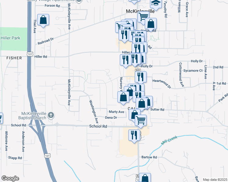 map of restaurants, bars, coffee shops, grocery stores, and more near 1820 Chanterelle Drive in McKinleyville
