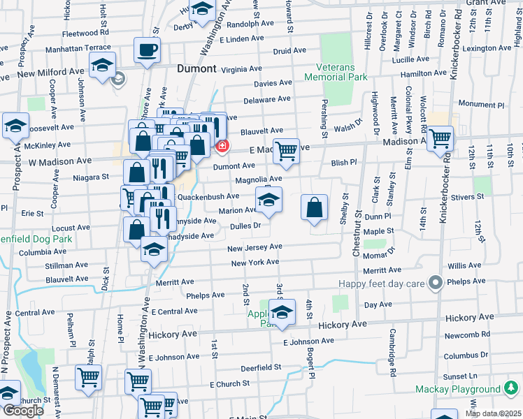 map of restaurants, bars, coffee shops, grocery stores, and more near 85 Marion Avenue in Dumont