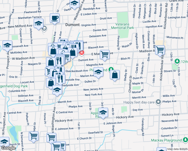 map of restaurants, bars, coffee shops, grocery stores, and more near 85 Marion Avenue in Dumont