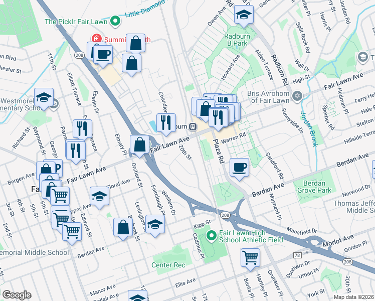 map of restaurants, bars, coffee shops, grocery stores, and more near 1350 Eastern Drive in Fair Lawn