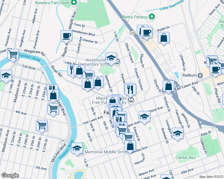 map of restaurants, bars, coffee shops, grocery stores, and more near 7-26 Campbell Road in Fair Lawn