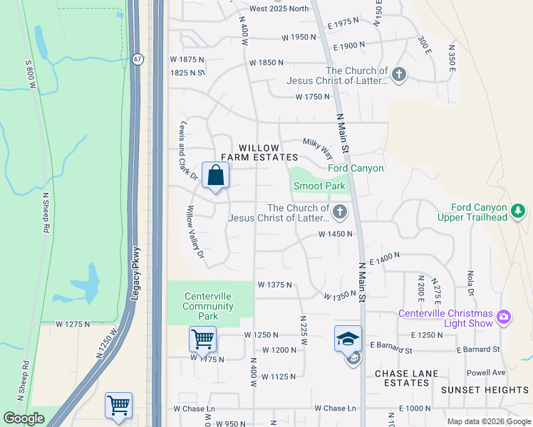 map of restaurants, bars, coffee shops, grocery stores, and more near 356 West Sunset Circle in Centerville