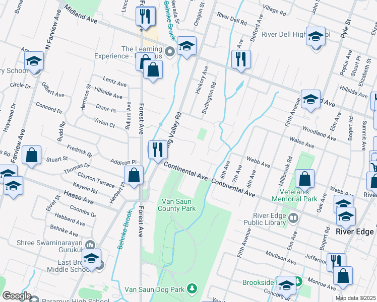 map of restaurants, bars, coffee shops, grocery stores, and more near 341 Ellen Place in Paramus