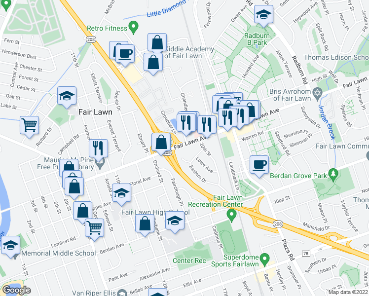 map of restaurants, bars, coffee shops, grocery stores, and more near 17-10 County Road 76 in Fair Lawn