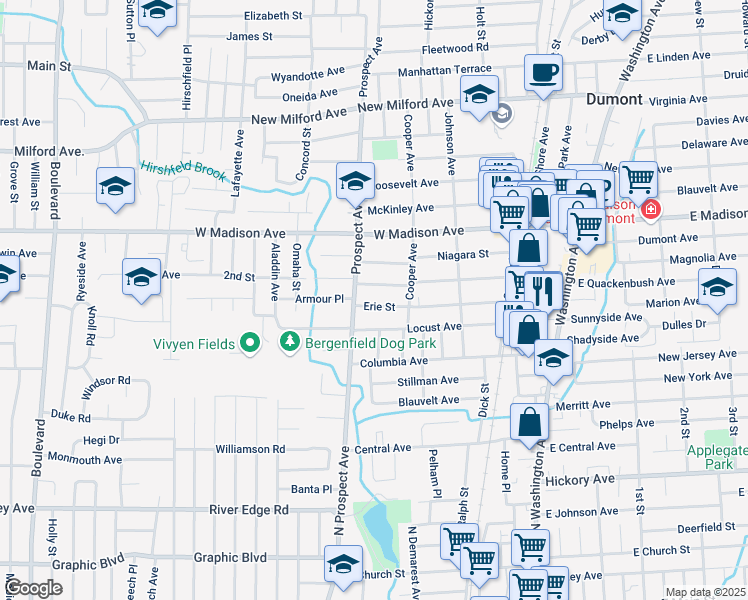 map of restaurants, bars, coffee shops, grocery stores, and more near 144 Erie Street in Dumont