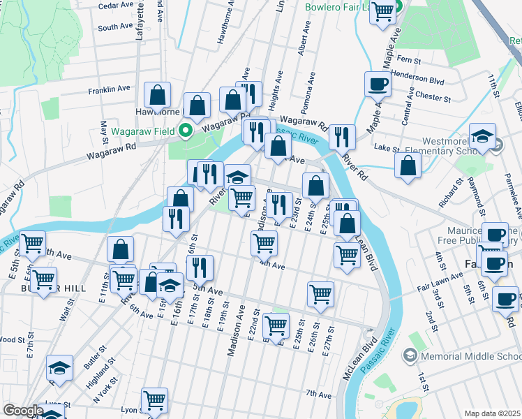 map of restaurants, bars, coffee shops, grocery stores, and more near 76 Madison Avenue in Paterson