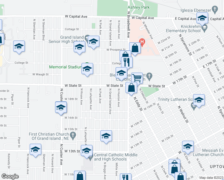 map of restaurants, bars, coffee shops, grocery stores, and more near 1825 North Grand Island Avenue in Grand Island